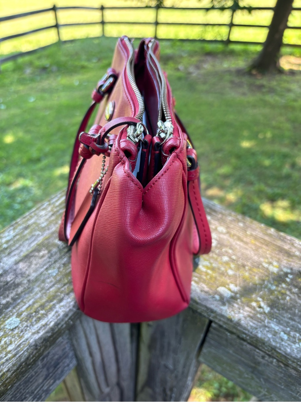 Coach Outlet Dark Red Leather Satchel/ Shoulder Bag with Charm - Picture 3 of 10